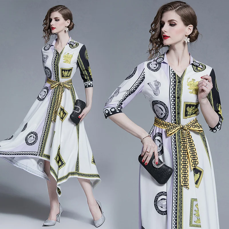 

3235 # Spring And Summer New Style France Style Printed Glorious Irregular Hem Slim Dress