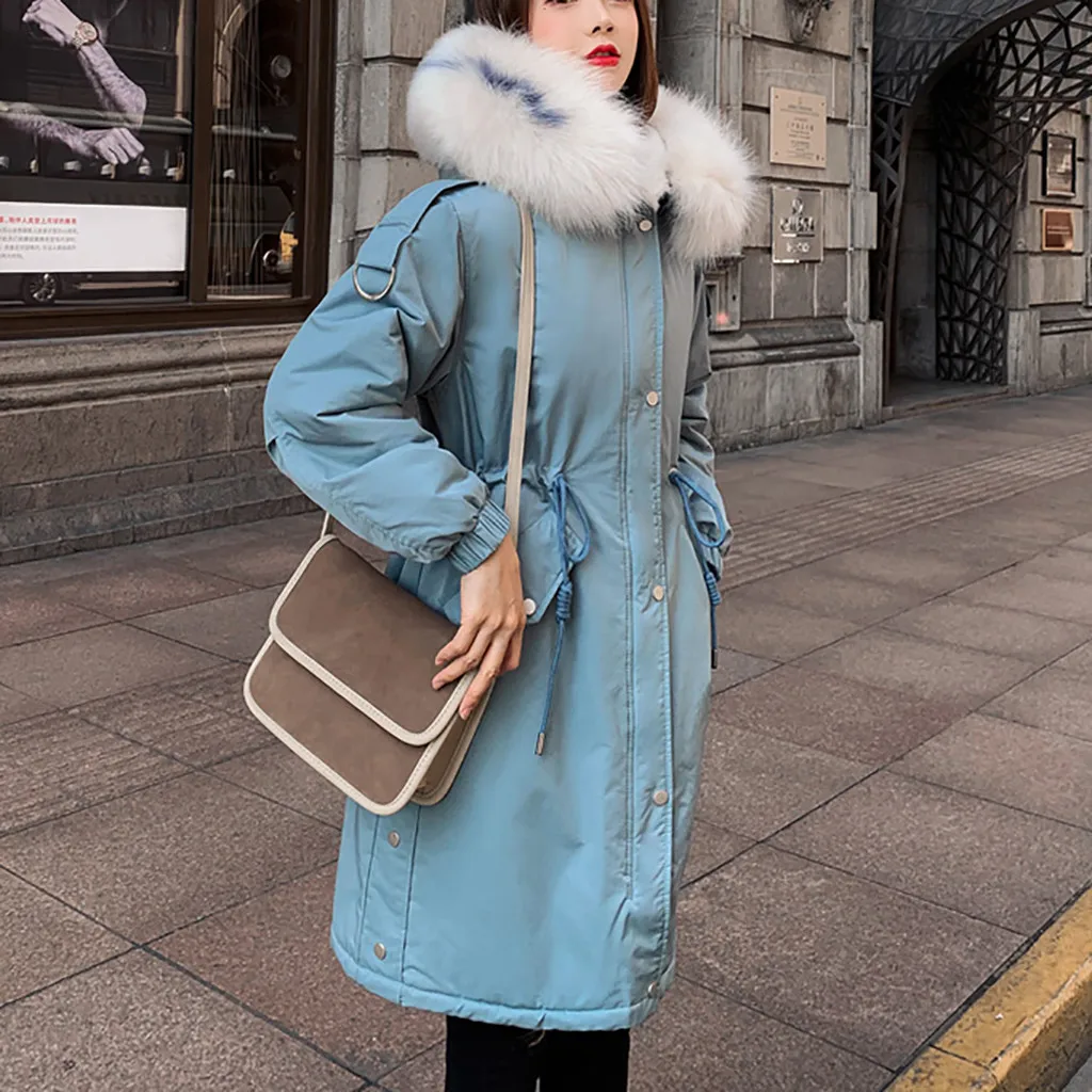 Длинная женская парка, зимнее теплое пальто с капюшоном, толстое Свободное длинное пальто с мехом, Женское пальто на молнии с карманами, повседневные пальто
