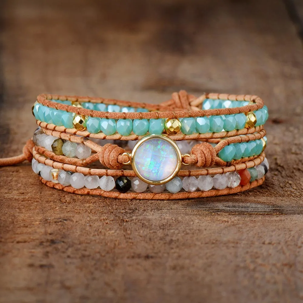 

Top Quality Women Bracelets Natural Opal Stone Rhinestone 3 Rows Leather Wrap Bracelet Fancy Women's Fashion Boho Bracelets