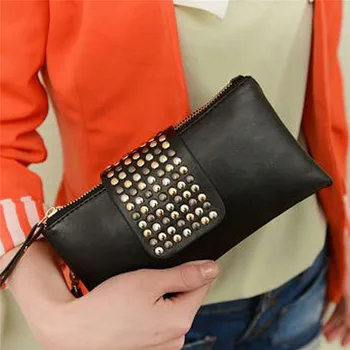 

Women's Clutch Bag European And American Studded Black PU Soft Leather Mid-length Fashion Ladies Dinner With Double Zip Wallet