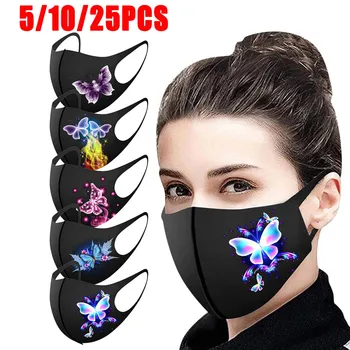 

5/10/25pcs Black Mouth Mask Adult's Butterfly Prints Washable Dust Mask Thickened Breathable Earloop Mascarilla Reutilizable