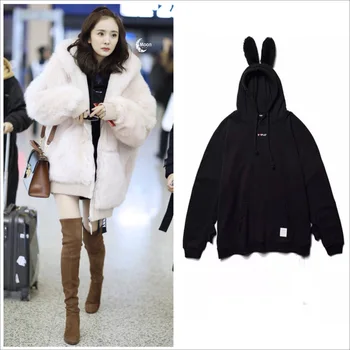 

Cute Rabbit Ear Long Fleece Hoodies Sweatshirts Women Warm Velvet Hooded Tops Pullovers Yang Mi Sweatshirt Clothes