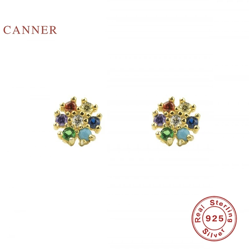 

CANNER Earrings For Women Real 925 Sterling Silver Multicolor Cubic Zirconia Gem Piercing Stud Earrings Zircon Korean Jewelry