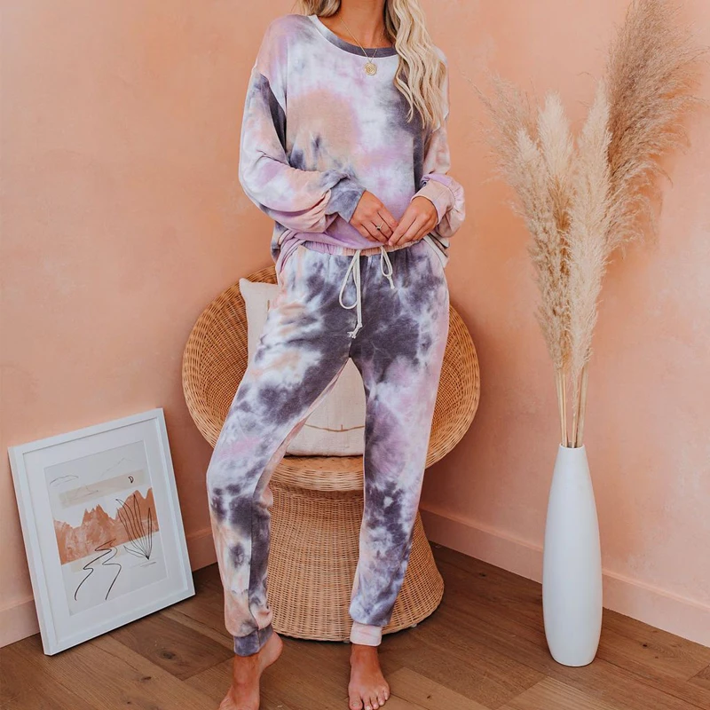 

Women Autumn Pajamas Tie Dye Patterns Long Sleeve Tops High Waist Drawing Straps Elastic Pants Sets