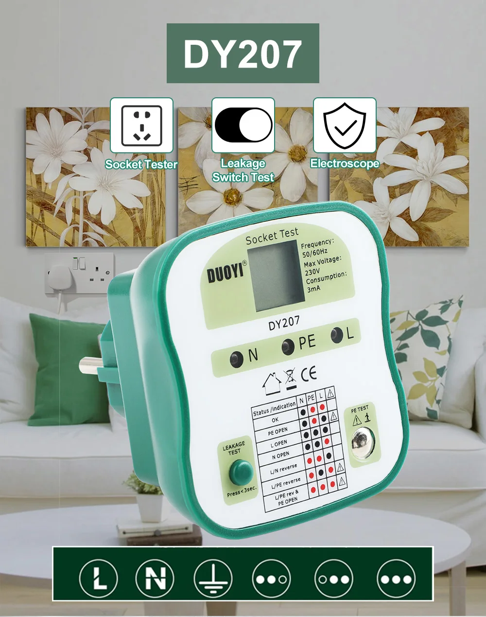 DUOYI DY207 220V 110V Цифровой Дисплей гнездо Тесты er Безопасность цепи розетки код