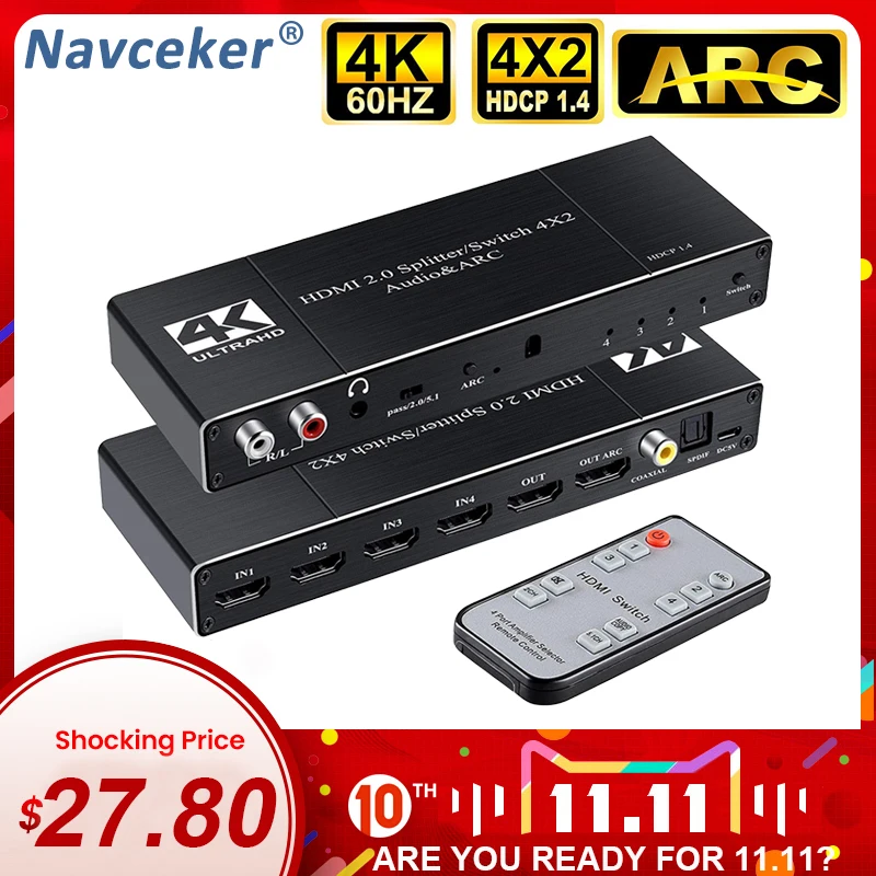 

2020 Best 4K@60Hz HDMI 2.0 Switch Remote 4x2 HDMI Switcher Audio Extractor With ARC & IR Switch HDMI 2.0 For PS4 Apple TV HDTV