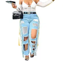 

2022 New Women Sexy High Waist Jeans Loose Hole Tassels Wide Leg Pants Diamond Fragments