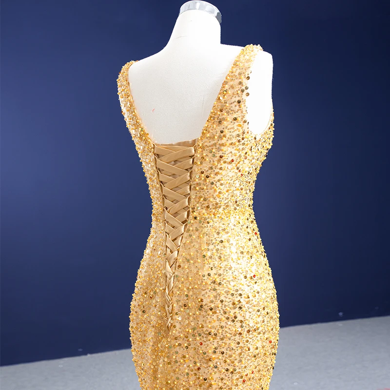 RSM67290 Gold Beaded Evening Dress V-neck 2021 Backless Fishtail Frill Lace Long Dress Party Banquet Robe платье на выпускной 6