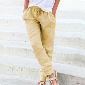 

2020 Spring Solid Cotton Linen Pants Women Casual Elastic High Waist Trousers Plus Size Drawstring Pencil Pants
