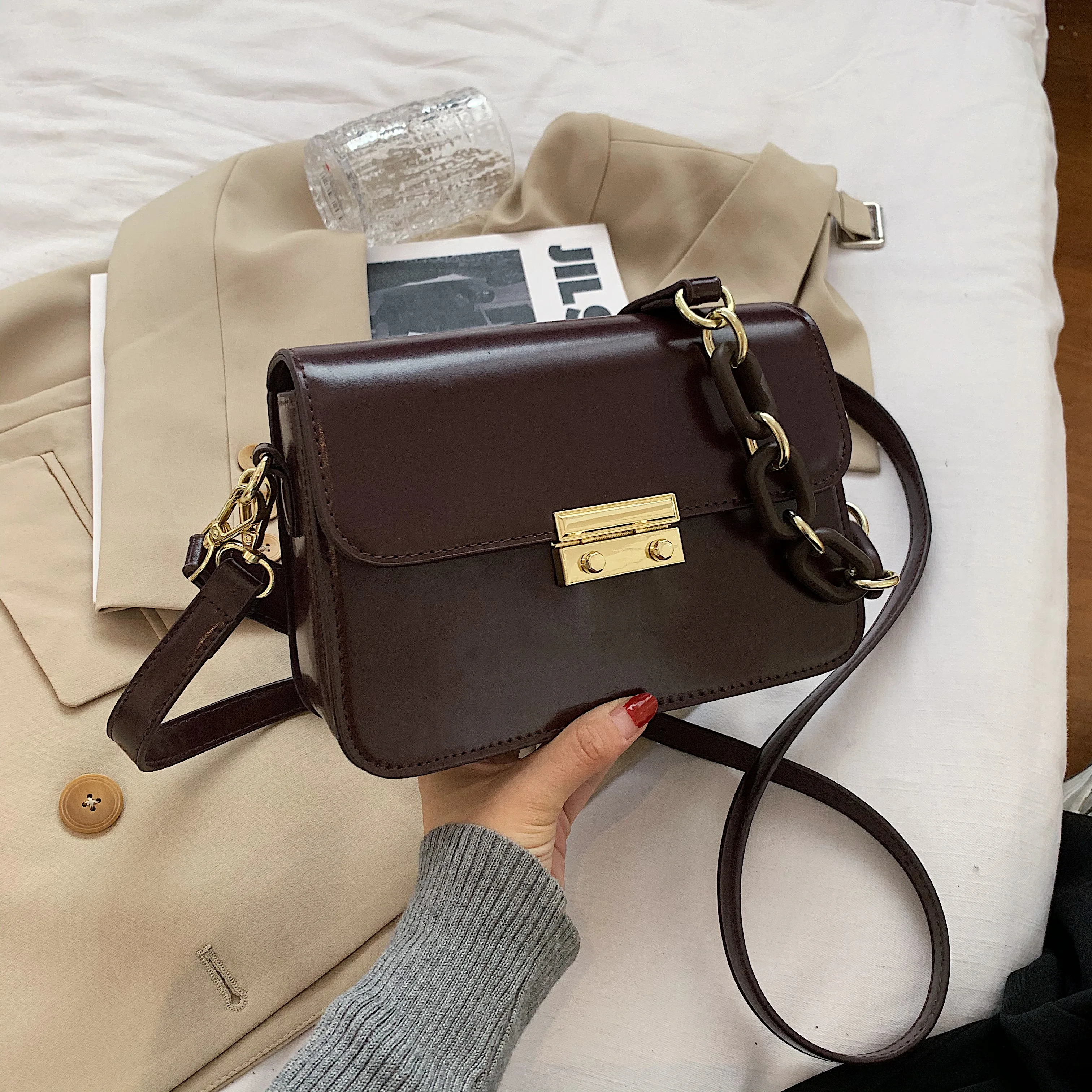 

2020 New Chains Designer Crossbody Bags For Women Fashion High Quality Soft PU Leather Shoulder Bag Solid Color Ladies Handbags