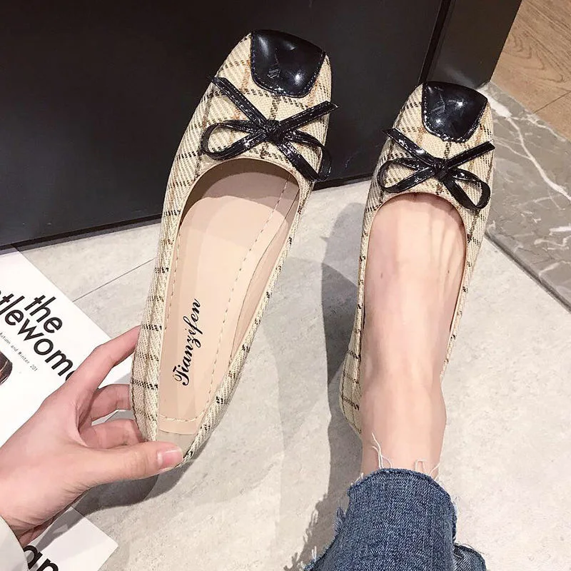 

Moccosins Women's 2020 New Style Spring Summer Shoes Korean-style Versatile Shallow Mouth Bow Square Head Online Celebrity Flat