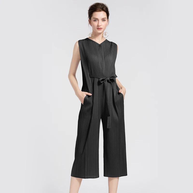 2020 Summer overalls Miyake New high waist tie pleated jumpsuit black sleeveless was thin wide leg Elegant jumpsuit for women