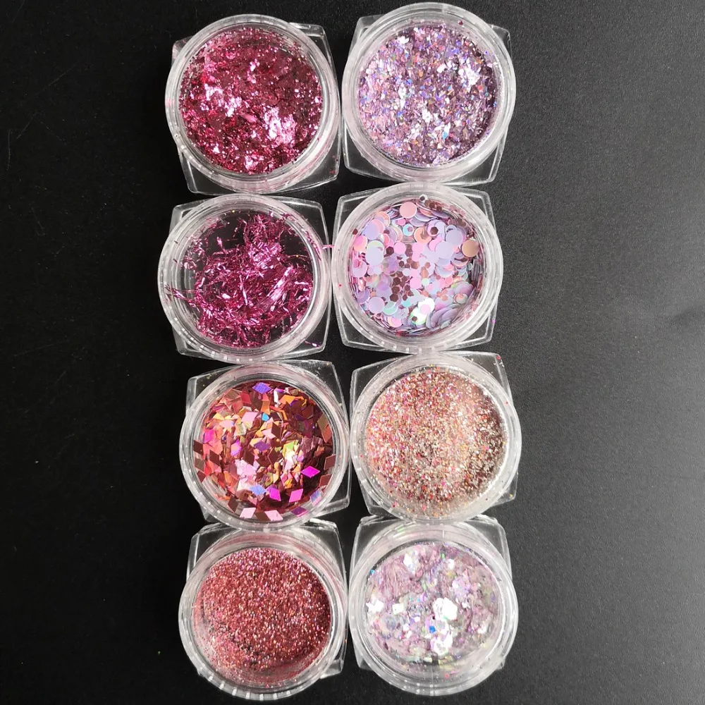 8 Jar Foil Nail Glitter Sequins Holographic Nail Art Glitter Flakes Sparkly Decorations for Acrylic Nail Design, DIY, Craft