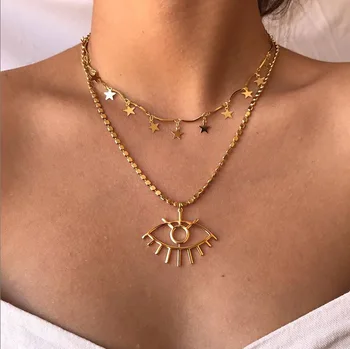 

New Style Eyes Pendant Multistory Necklace Creative Retro Simple Star Choker