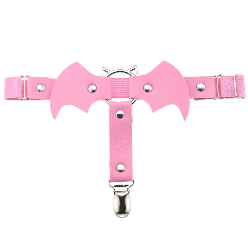 pink Панк готический сексуальный кожаный эластичный пояс с крыльями летучей мыши вампир подвязки милый полый Кот Рождество Хэллоуин Бедро ноги кольцо подвязки - Окраска металла: pink