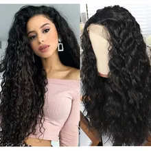 Черный цвет Длинные Синтетические парики шнурка свободные локон Glueless термостойкие кружева передние парики с естественной линией волос