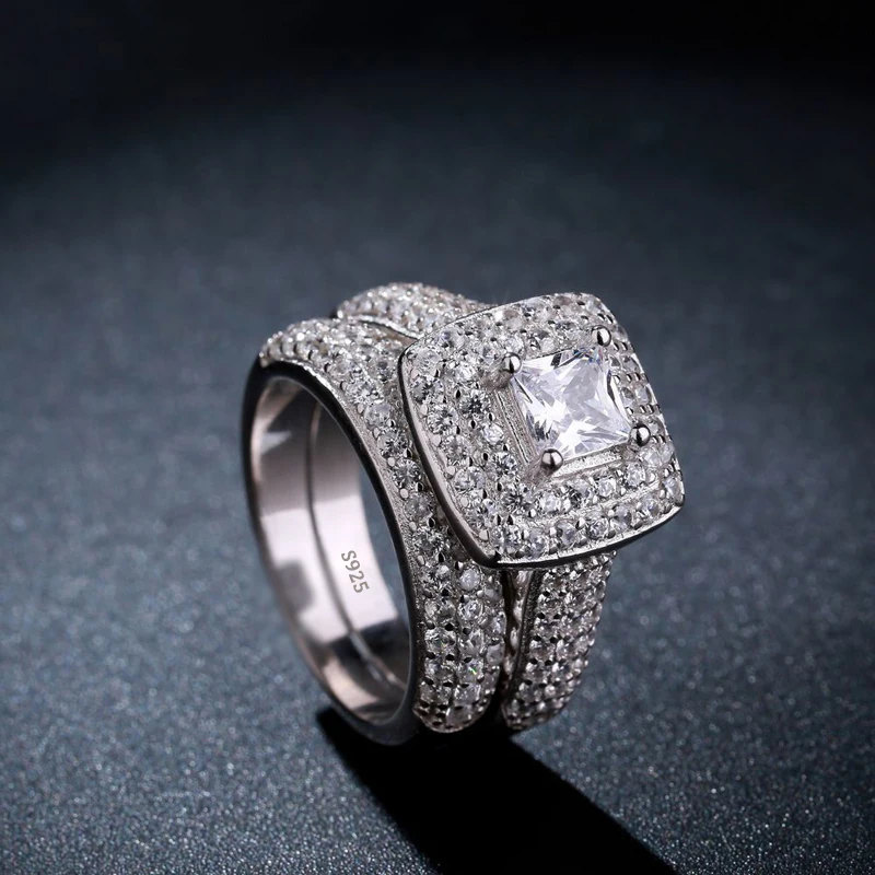 Yanleyu Luxury Big Ring Jewelry 2pcs Solid Silver Color Wedding Rings Sets Engagement Jewelry with AAA+ Cubic Zircon Stone PR385