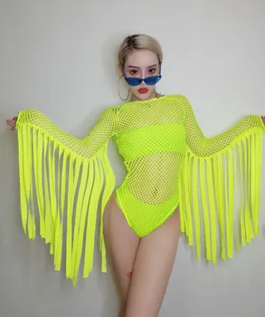 

Women Sexy Hollow Out Tassel Nightclub Bar DS DJ Stocking Novelty Special Use Stage Show Dance Wear Pole Dancing Costume