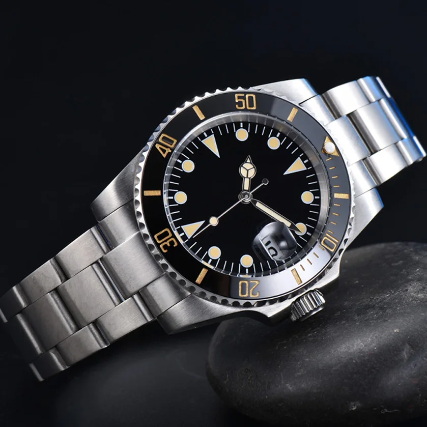 Sterile black orange nail surface men's automatic mechanical watch stainless steel color black ceramic ring