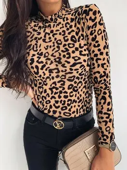

Autumn Fashion Women Leopard Printed Shirts Office Lady's Blouse Standing Collar Long Sleeves Universal Slim Shirts Tops hot