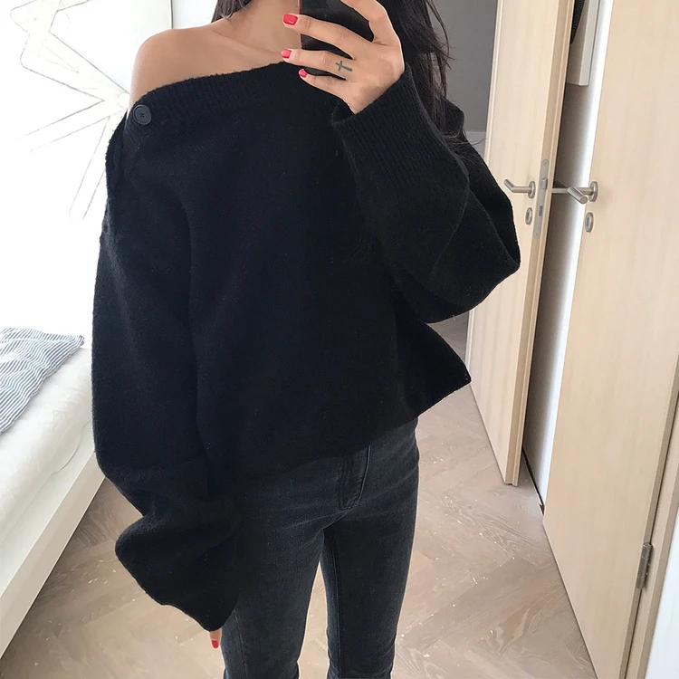 Thick Winter slash neck Sweater Women pullover Girls Tops Loose Autumn Female Elegant Knitted Outerwear Sweater Warm Oversize