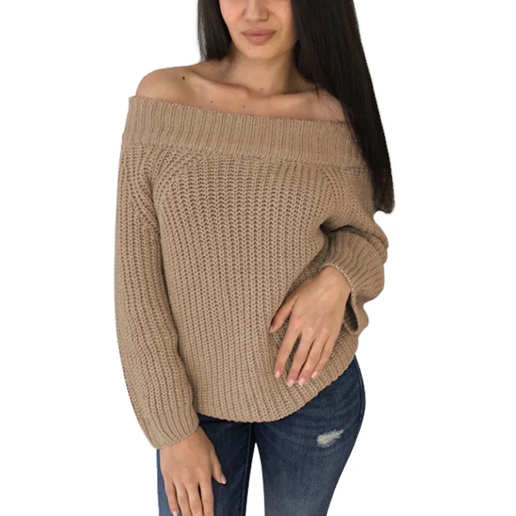 Slash шеи с широким плечом сексуальный эластичный вязаный пуловер Женский длинный