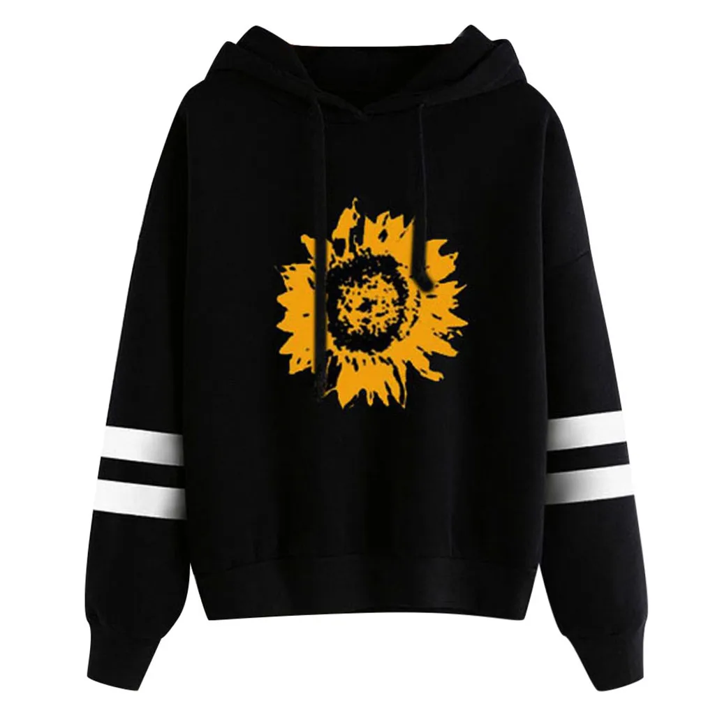 2020 Automne sweat à capuche pour femme décontracté manches longues tournesol impression pull hauts capuche|Толстовки и