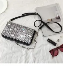 Luxury Silver Satin Women Shoulder Bags Designer Chain Shiny Diamonds Female Crossbody Bags Flap Women Bags Purses Lady Totes Luxury Silver Satin Women Shoulder Bags Designer Chain Shiny Diamonds Female Crossbody Bags Flap Women Bags Purses Lady Totes