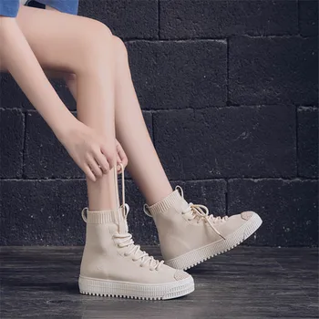 

2019 Fashion Ladies Motorcycle Boots Autumn New Knit Tightening Shoes Mouth Comfortable Breathable Lightweight Casual Shoes