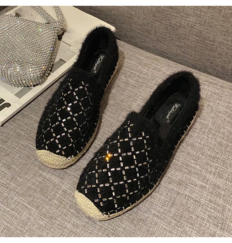 Fashion Hemp Loafers Women Espadrilles Flats Shoes Sewing Rhinestone Round Toe Ladies Casual Moccasins Slip On Brand Style New