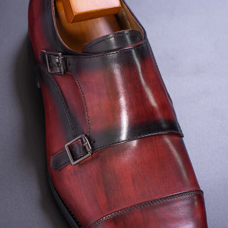 Genuine Leather Men Formal Shoes Handmade Brown Red Color Office Business Oxford Cap Toe Double Buckle Strap Italy Style Shoe