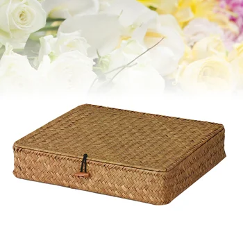 

Nordic Style Hand-woven Seaweed Storage Basket Household Rectangular Sundries Organizer Storage Box with Lid and Button (Yellow)