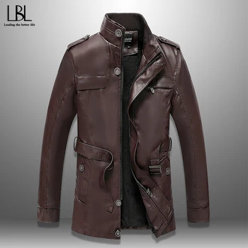 

2020 New Stylish Trench Winter Men's Long Fleece Jacket PU Leather Warm Thick Coat Slim Windbreaker With Belt Overcoat Windproof
