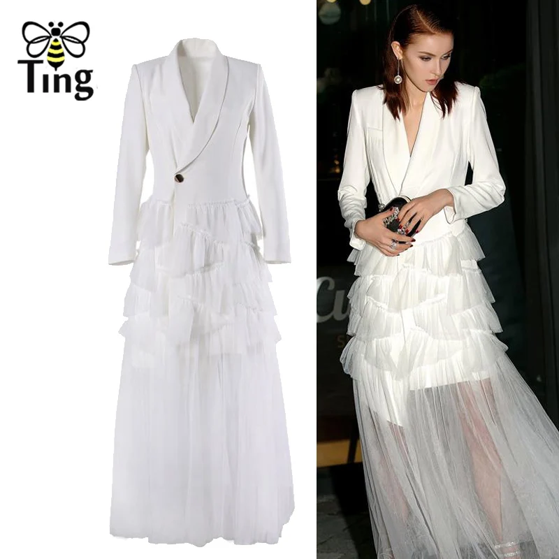

Tingfly Vintage Women Long Party Dresses Elegant Notched Collar Layered Mesh Hem Patchwork Long Dress Casual Fashion Vestidos