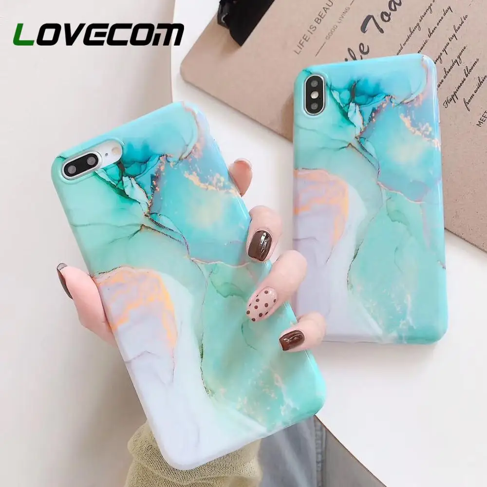 

LOVECOM Phone Case For iPhone XR XS Max 6 6S 7 8 Plus X Vintage Geometric Cracked Marble Soft IMD Glossy Back Cover Coque Gift