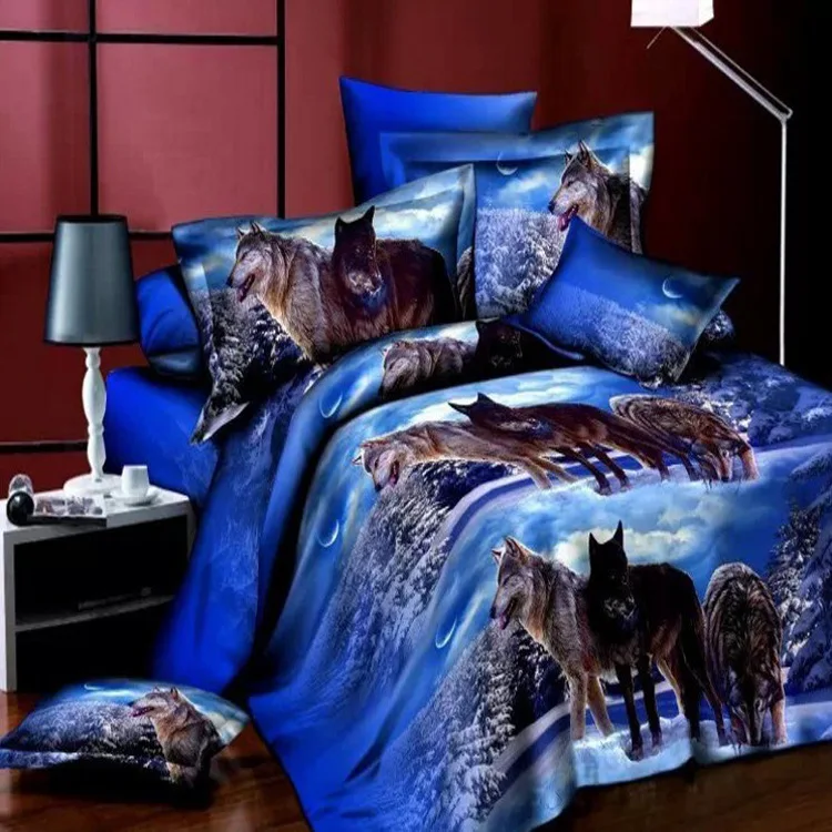 

New Fashion Creative Style Home Textile Blue Wolf Printing Pattern Bedding Set Europe and America Queen Size 4pcs Bedding