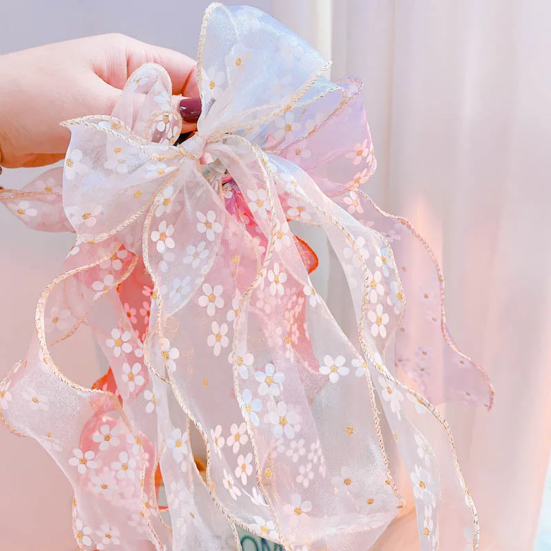 

New Korean Rainbow Bow Ribbon Sun Flower Elastic Hair Bands Mermaid Gauze Kids Girls Hairband Casual Jewelry Hair Accessories