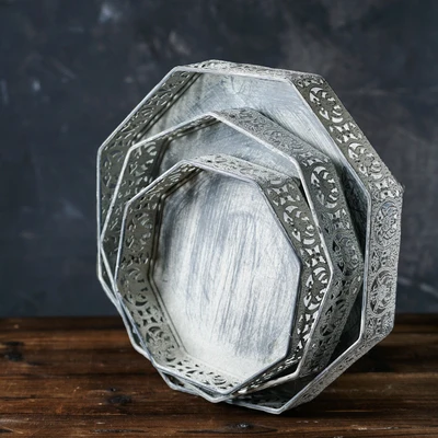 Hexagon Full Set Ручная работа металлическая пластина с винтажным рисунком ажурный цветок поднос с узором антикварная железная корзина для хранения фруктового хлеба для дома церковная свадьба - Цвет: Hexagon Full Set