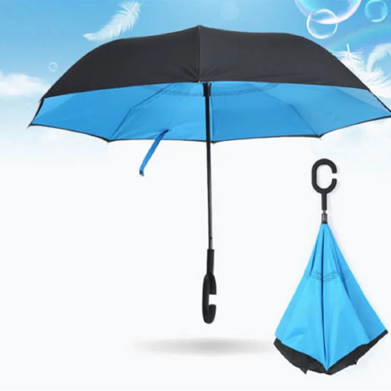 Sky Blue Открытый с-образной ручкой унисекс двойной слой вверх дном обратный открытие зонтик дождь - Цвет: Sky Blue