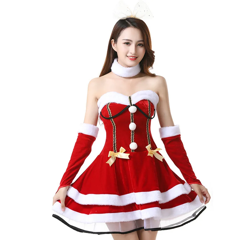 

Chic Xmas Dress 2019 Red Christmas Costume Women Velvet Santa Claus Cosplay Holiday Clothing Party Show Dress Xmas Outfit