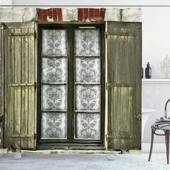 

Shutters Decor Collection, European French Window with Antique Open Shutter Print Vintage Style Home Decor, Polyester Fabric