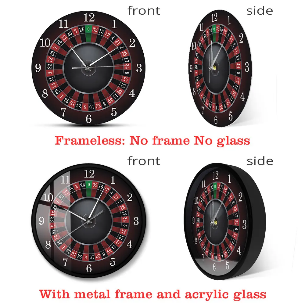 Poker Roulette Wall Clock With Black Metal Frame Las Vegas Game Room Wall Art Decor Timepiece Clock Watch Gambling Casino Gift silent clock