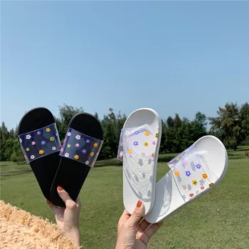 

Original INS Flowers Patterned Transparent Women Slippers Summer Outdoor Sandy Beach Casual Shoes Cute Sweet Flat Female Slipper
