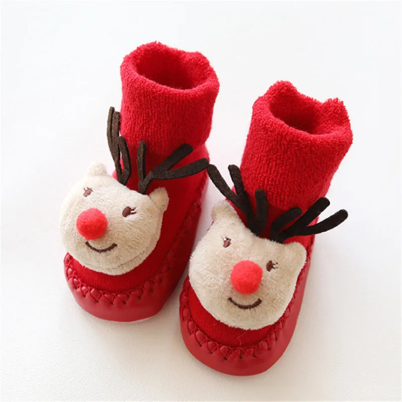 Рождественская Детская зимняя обувь для малышей; теплая нескользящая обувь с мягкой подошвой и милым рисунком снеговика для малышей