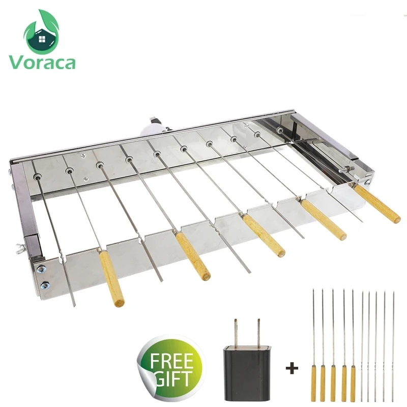 Barbecue Grill Automatic Flipping Stainless Steel Adjustable Width BBQ Shelf 10 Holes 10 BBQ Stickers Skewers Rolling Tools