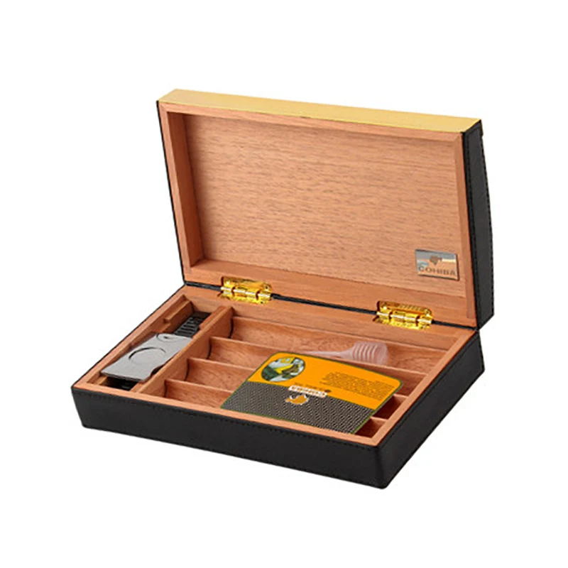 

COHIBA Travel Humidor Box Cigar Case Leather Cedar Wood Sigaren Box With Humidifier Cutter Portable Cigar HumidorP004