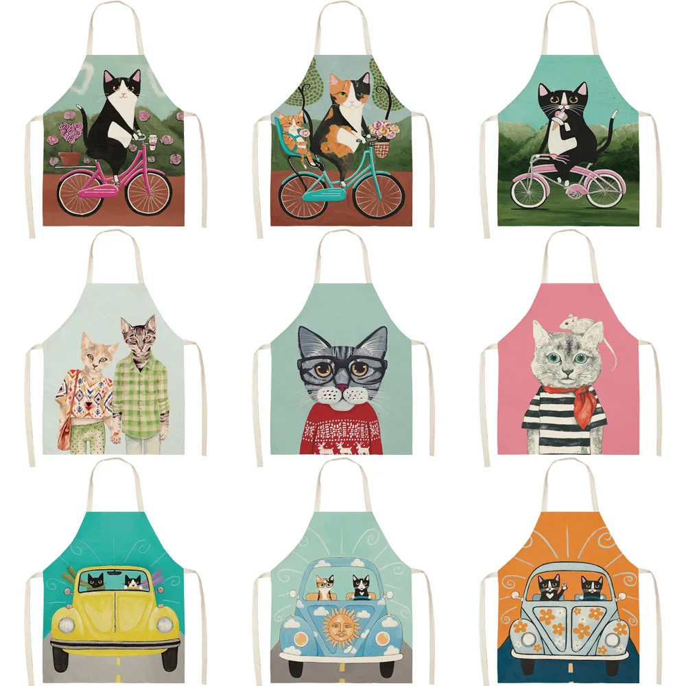Women Kitchen Apron Cotton Linen Cartoon Cat Sleeveless Chef Cooking Aprons Kitchen accessories 68*55cm 0094
