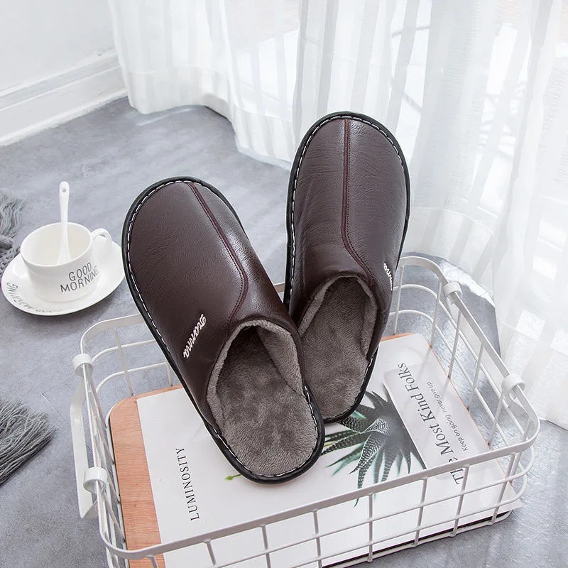 

Waterproof Home Slippers Couple PU leather Indoor Slippers Winter House Slippers Soft Fluffy Slippers comfortable Furry Slippers