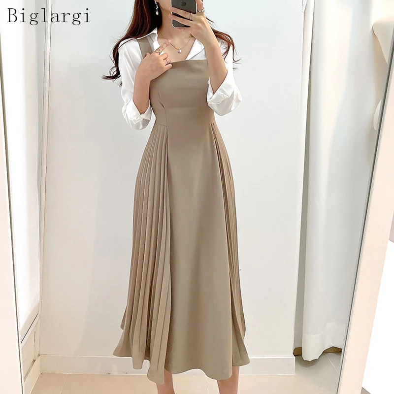 

Autumn Slip Pleated Dress Women Korean Style A Line Slim Sleeveless Elegant Wrap Hip Dresses Office Ladies Dresses 2023 Vestido
