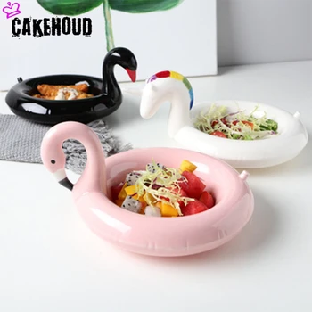 

CAKEHOUD Creative Personality Ceramic Flamingo Snack Dessert Bowl Unicorn Black Swan Swimming Ring Shape Fruit Storage Tray